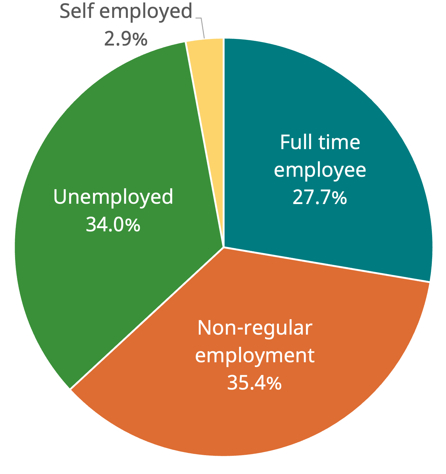 This pie chart shows the employment status of people making inquiries. 2.9% were self-employed. 27.7% were full-time employees. 24.0% were unemployed. 35.4% had non-regular employment.
