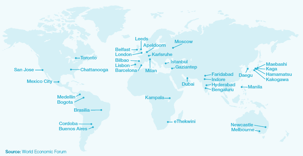 This is a map that showcases the 36 Smart Cities around the world.